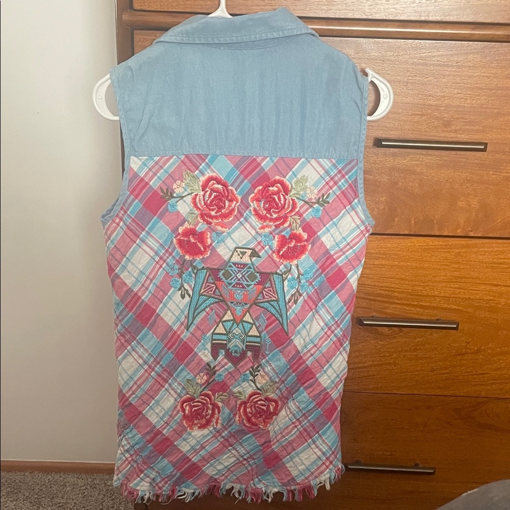 Embroidered Plaid Denim button up top